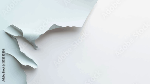 High-angle, close-up view of a piece of light-grey or off-white paper with a torn edge. The tear is irregular, with several curled and jagged pieces.  The background is a plain, brighter white. The