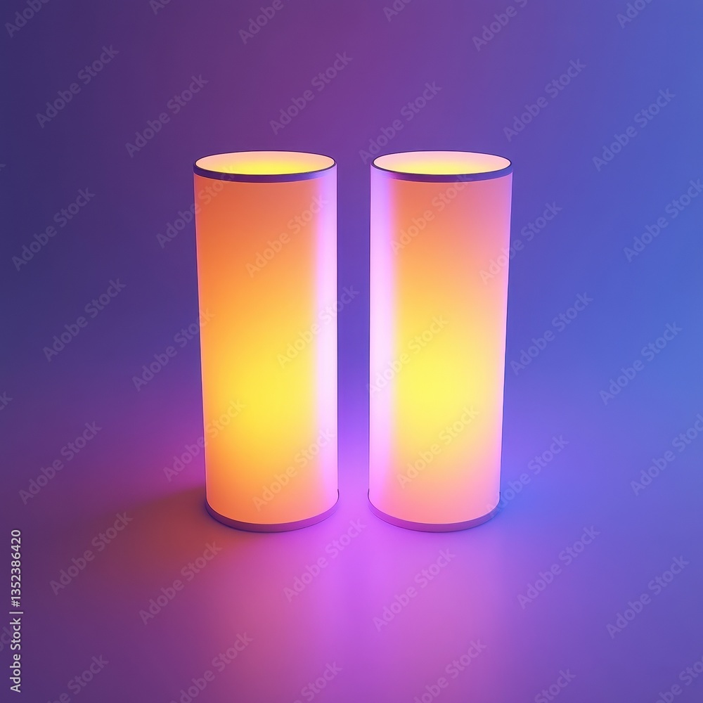 Two illuminated cylindrical objects with colorful gradient backgrounds Two illuminated cylindrical objects with colorful gradient backgrounds