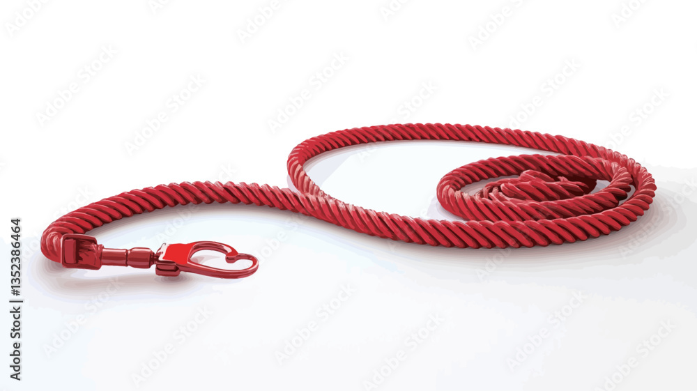 Naklejka premium Close-up shot of a red braided lanyard with a plastic clip. The lanyard is lying on a white background, forming a gentle curve. The braiding is visible and appears to be made of a synthetic