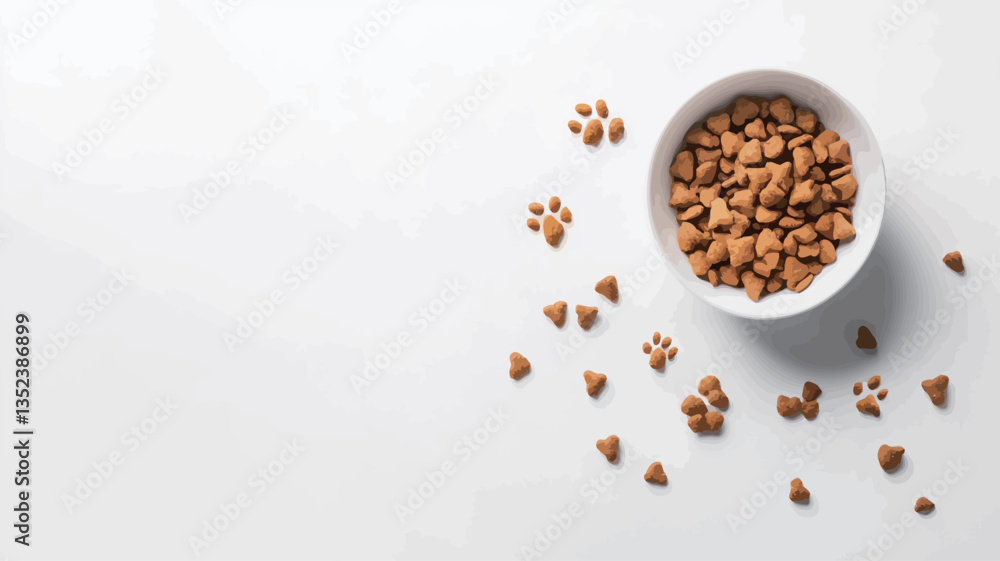 High-angle, close-up view of a white bowl filled with light brown dry pet food. Small, paw-print shaped kibble pieces are scattered around the bowl on a plain white background. The image has a High-angle, close-up view of a white bowl filled with light brown dry pet food. Small, paw-print shaped kibble pieces are scattered around the bowl on a plain white background. The image has a