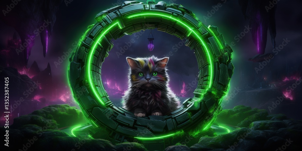 A mystical cat with vibrant fur gazes through a glowing green portal in a dark, otherworldly landscape filled with purple lights and floating rocks, evoking a sense of adventure and fantasy A mystical cat with vibrant fur gazes through a glowing green portal in a dark, otherworldly landscape filled with purple lights and floating rocks, evoking a sense of adventure and fantasy