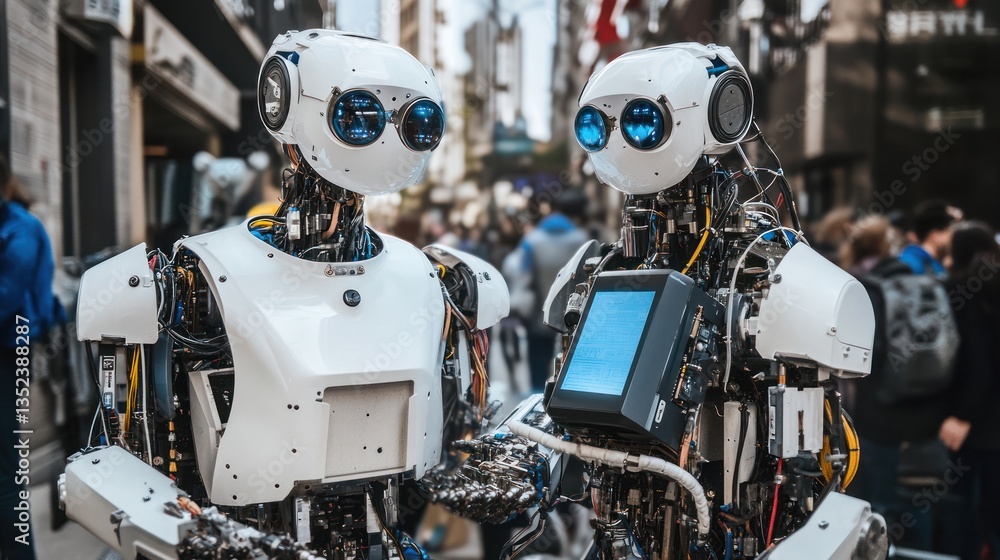 Fototapeta premium Two Advanced Humanoid Robots in a City Setting