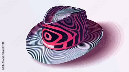 Close-up shot of a digitally rendered hat. The hat features a predominantly pink and black abstract pattern with swirling, almost zebra-like stripes. The hat's brim is a lighter, greyish-white with