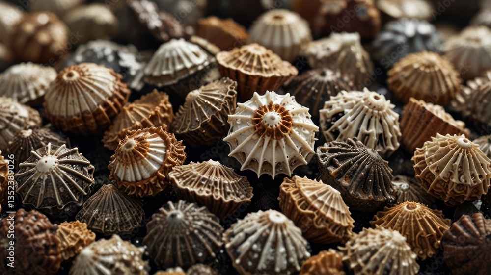 Group of small, conical shells with radial ridges, creating a textured pattern Group of small, conical shells with radial ridges, creating a textured pattern