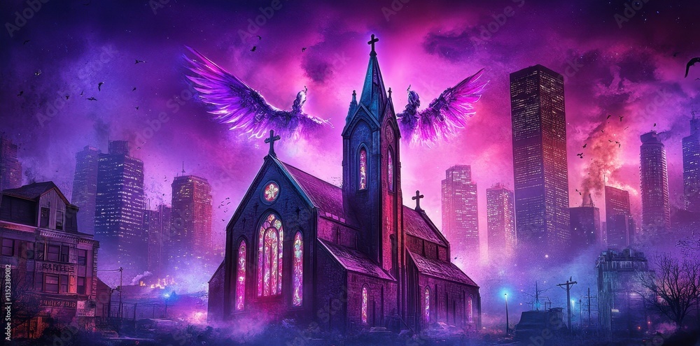 Fototapeta premium A church with wings rises over a nighttime city landscape