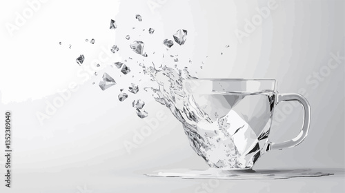 A grayscale image depicting a glass teacup in the process of shattering.  The cup is partially intact, with fragments of glass dispersing outwards in a dynamic motion. The background is a plain,