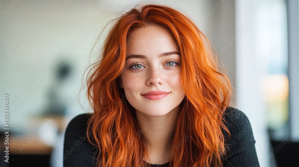 A cheerful redhead woman with soft features and a warm smile, creating a cozy atmosphere that showcases her friendly personality and natural beauty in a comfortable setting. A cheerful redhead woman with soft features and a warm smile, creating a cozy atmosphere that showcases her friendly personality and natural beauty in a comfortable setting.