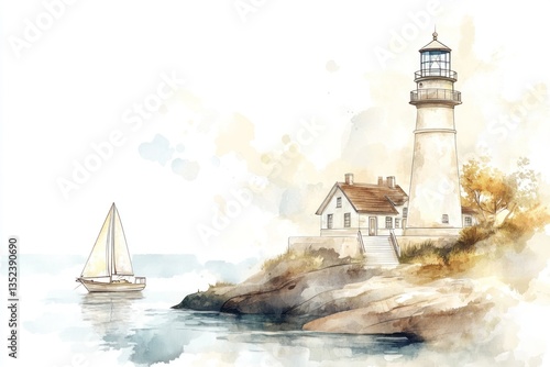 Wallpaper Mural A watercolor painting depicts a seaside scene with a lighthouse Torontodigital.ca
