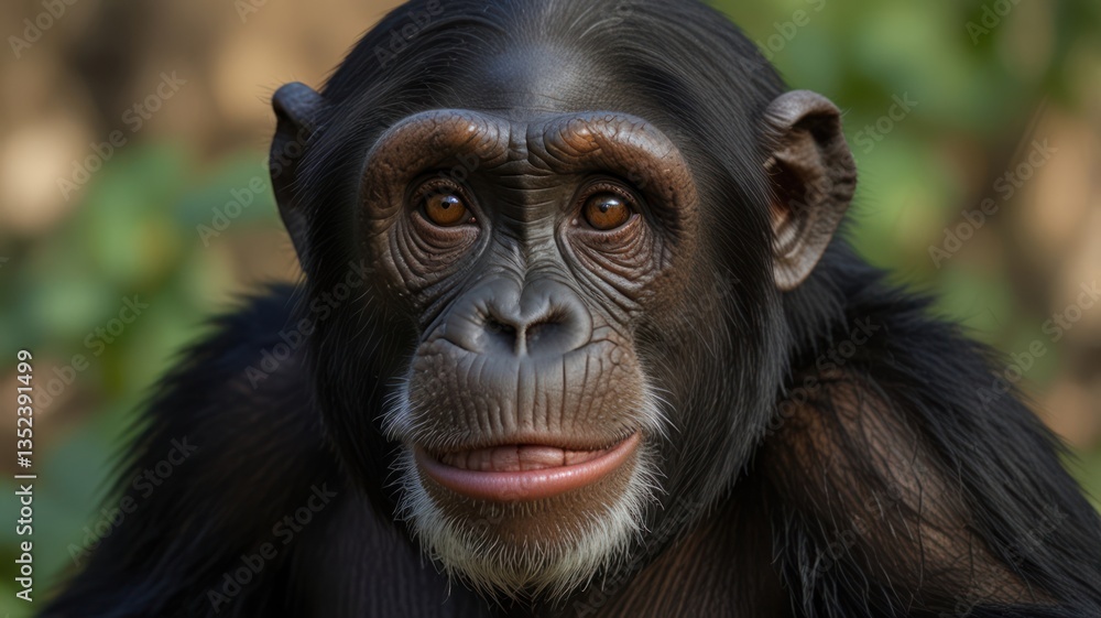 Close-up portrait of a chimpanzee with a kind expression and brown eyes against greenery Close-up portrait of a chimpanzee with a kind expression and brown eyes against greenery