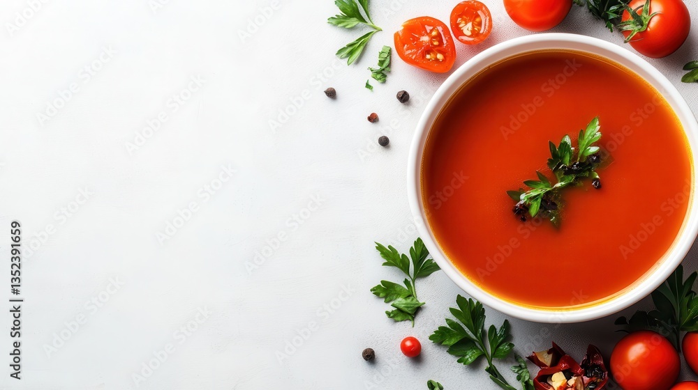 An inviting bowl of tomato soup surrounded by fresh ingredients, artfully arranged to create a delightful presentation that showcases the beauty of culinary artistry and fresh produce. An inviting bowl of tomato soup surrounded by fresh ingredients, artfully arranged to create a delightful presentation that showcases the beauty of culinary artistry and fresh produce.