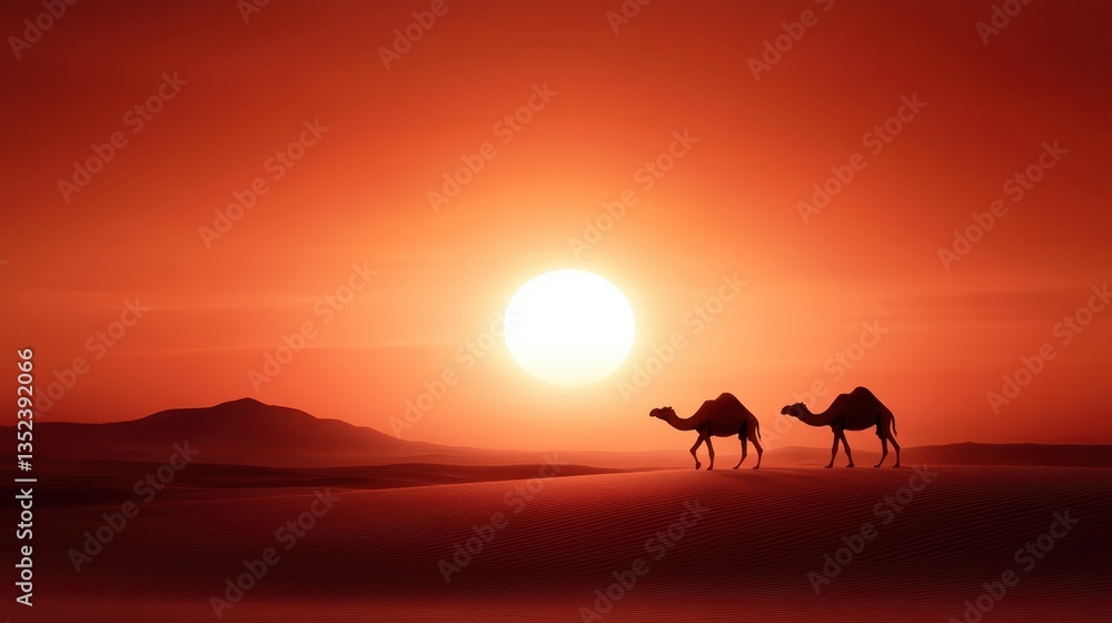 Two camels stand against a stunning backdrop of a vivid orange sunset, showcasing the beauty of the desert's landscape and the elegance of these iconic animals. Two camels stand against a stunning backdrop of a vivid orange sunset, showcasing the beauty of the desert's landscape and the elegance of these iconic animals.