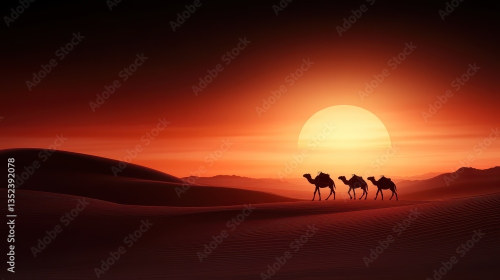 A group of camels walks through the vast desert, beautifully silhouetted by a vibrant sunset, representing freedom and the wonders of nature in a serene landscape. A group of camels walks through the vast desert, beautifully silhouetted by a vibrant sunset, representing freedom and the wonders of nature in a serene landscape.