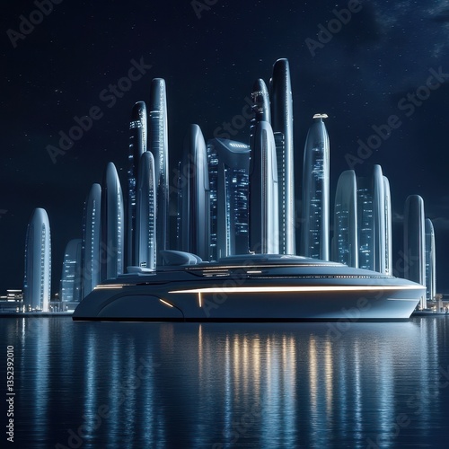 Futuristic yacht sailing near a city skyline with reflective water
