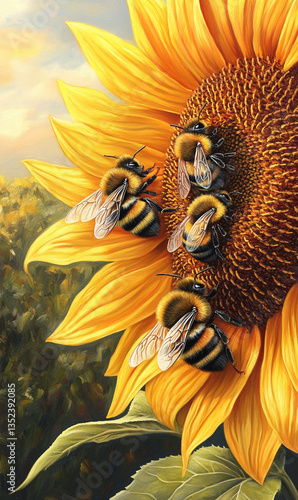 A hardworking bee collects pollen from the heart of a radiant sunflower.