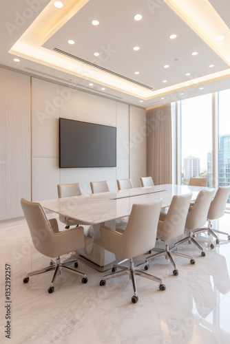 modern corporate boardroom with marble conference table, beige chairs, and large windows offering city view