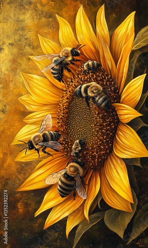 A bright sunflower blooms as a bee gathers nectar from its golden center.