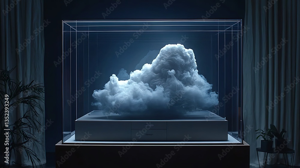 Glowing cloud in a glass cube display case.