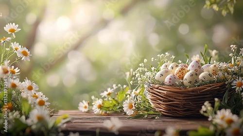 Easter eggs in nest with daisies on wooden table.