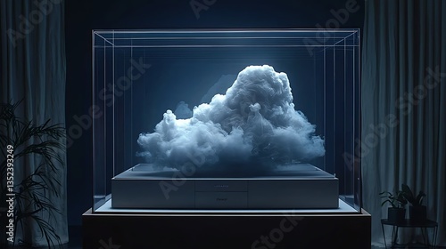 Obraz na płótnie Glowing cloud in a glass cube display case. w salonie