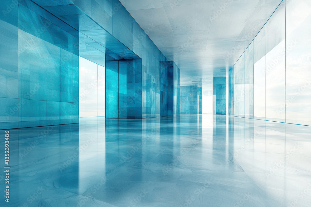 modern, abstract interior with reflective blue glass walls and polished floor, creating futuristic and serene atmosphere modern, abstract interior with reflective blue glass walls and polished floor, creating futuristic and serene atmosphere