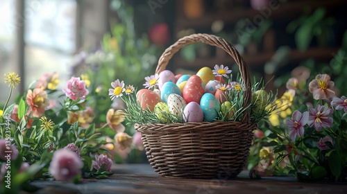 Easter eggs in wicker basket with spring flowers.