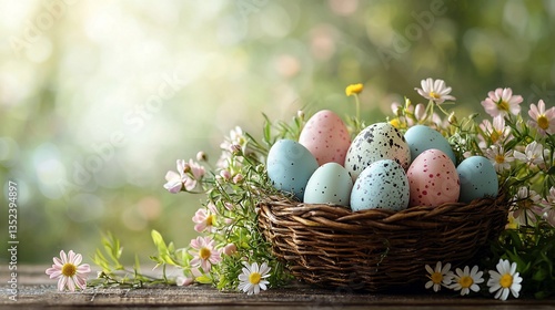 Easter eggs in a wicker basket with daisies.