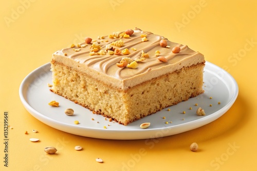 Delicious slice of peanut butter sheet cake topped with creamy peanut butter frosting and crunchy peanuts on a bright yellow background