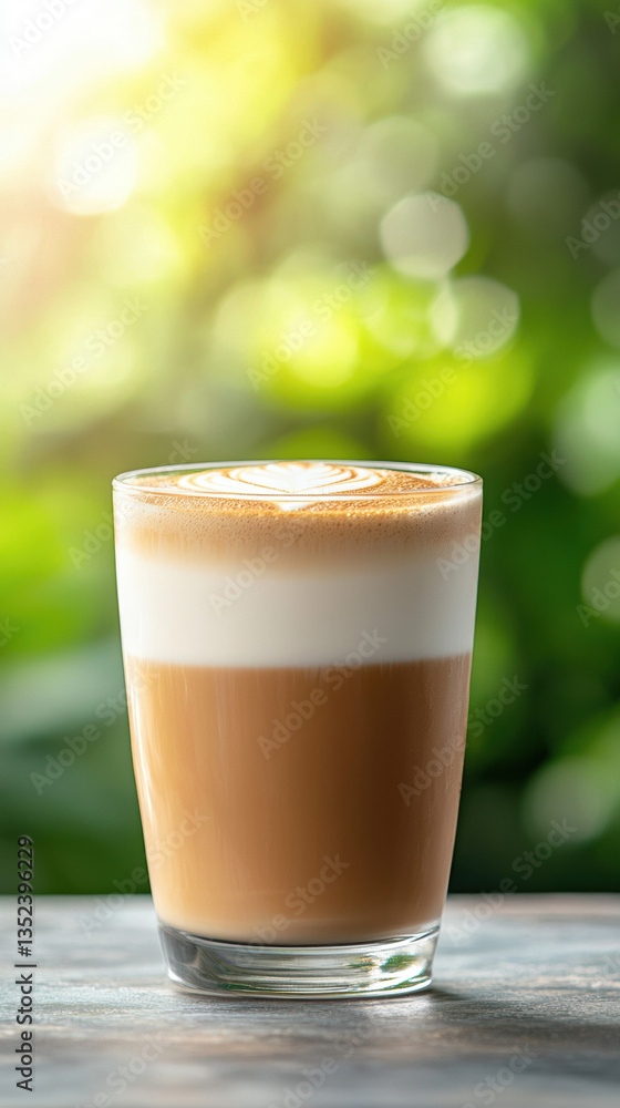 perfectly layered macchiato in tall glass with smooth foam, set against blurred green outdoor background perfectly layered macchiato in tall glass with smooth foam, set against blurred green outdoor background