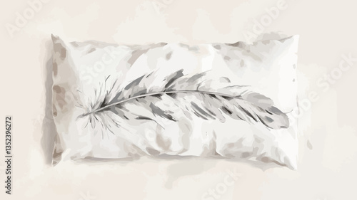High-angle, close-up shot of a rectangular white pillow featuring a single, stylized grey feather print centered on its surface. The pillow appears soft and slightly textured. The background is a