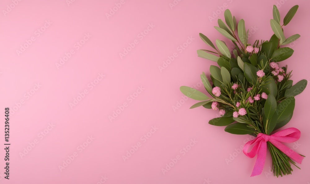 Fototapeta premium Beautiful bouquet of green leaves and delicate pink flowers with a charming pink ribbon against a soft pink background for floral design and decoration