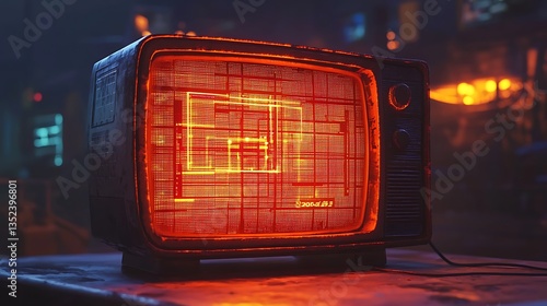 Retro TV displaying futuristic, orange digital grid pattern in dark room.