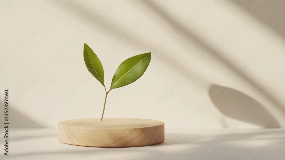 Minimalist still life with sprout on wooden podium, natural light Minimalist still life with sprout on wooden podium, natural light