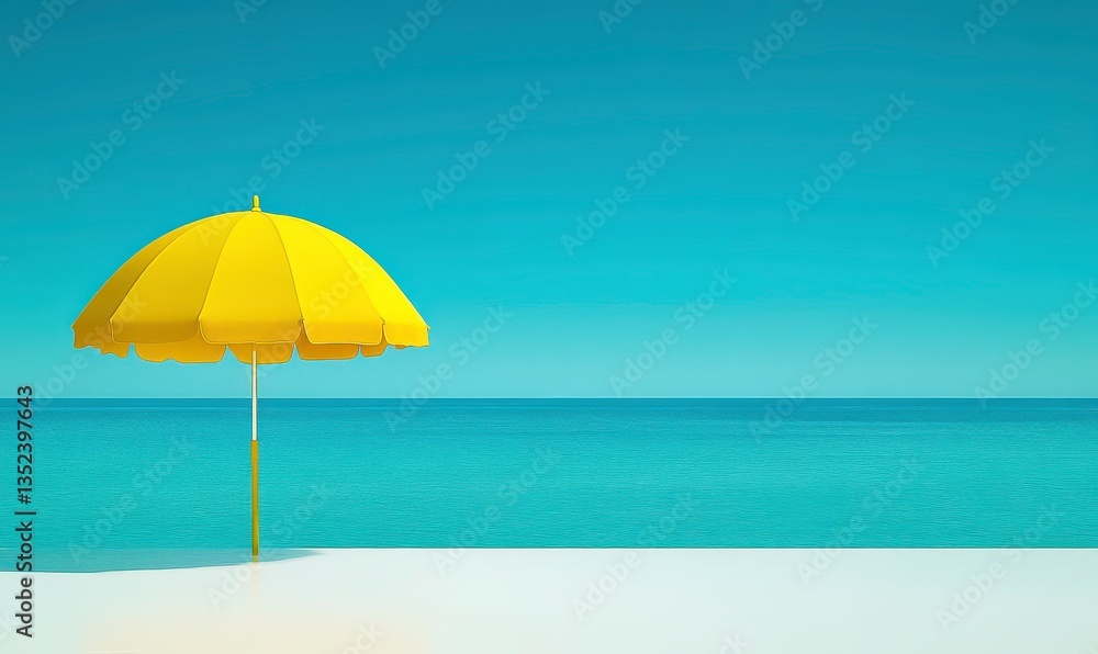 Vibrant Yellow Umbrella on a Pristine Beach with Turquoise Water and Clear Sky for Summer Vacation Vibes and Relaxation Aesthetic Vibrant Yellow Umbrella on a Pristine Beach with Turquoise Water and Clear Sky for Summer Vacation Vibes and Relaxation Aesthetic