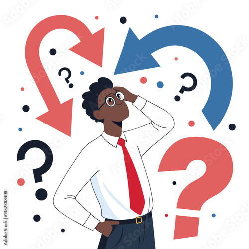 Confused Man in Business Attire Surrounded by Arrows and Question Marks Representing Uncertainty and Decision Making
