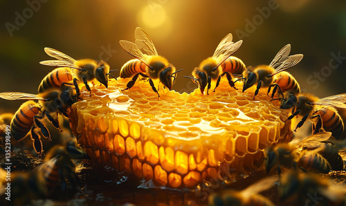 The rich amber honey drips from the honeycomb, symbolizing nature’s sweet harmony.