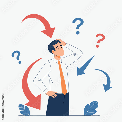 Confused Man in Business Attire Surrounded by Arrows and Question Marks Representing Uncertainty and Decision Making
