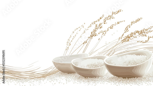 The image shows three off-white, shallow bowls containing a white, granular substance, possibly salt or sugar.  The bowls are arranged in a slightly overlapping manner, decreasing in size from left