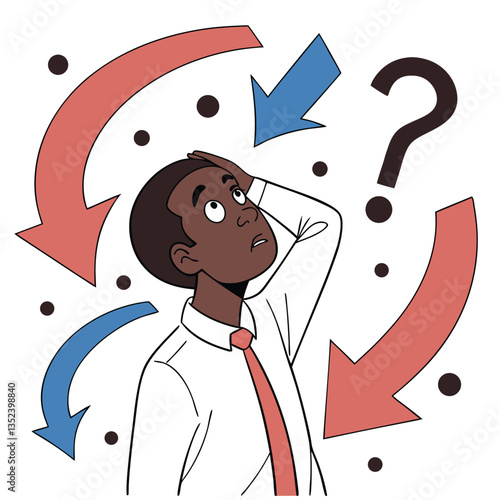 Confused Man in Business Attire Surrounded by Arrows and Question Marks Representing Uncertainty and Decision Making
