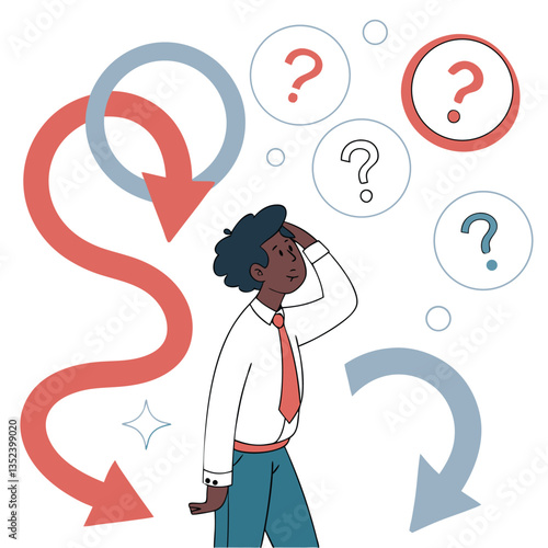 Confused Man in Business Attire Surrounded by Arrows and Question Marks Representing Uncertainty and Decision Making
