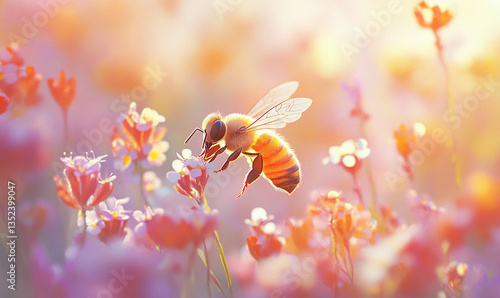 A bee adds life and movement to the tranquil floral scene.