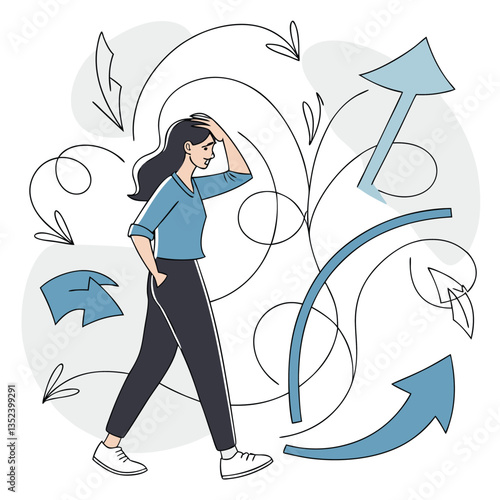 Confused Man in Business Attire Surrounded by Arrows and Question Marks Representing Uncertainty and Decision Making
