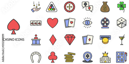 Casino simple concept 24 color icons set. Contains such ice, gambling chip, playing card .Vector illustration.