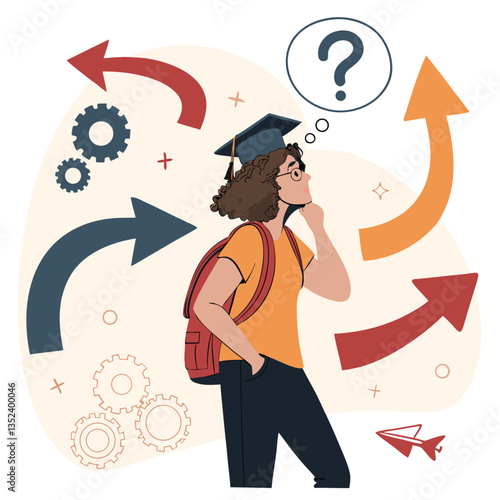 Confused Man in Business Attire Surrounded by Arrows and Question Marks Representing Uncertainty and Decision Making
