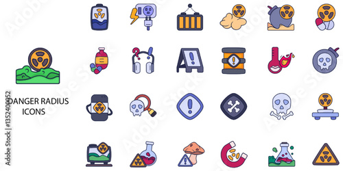 Danger Radius simple concept 24 color icons set. Contains such demobilization, devil, dictator, emergency siren .Vector illustration.