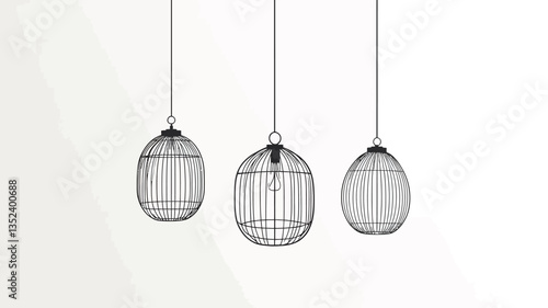 The image shows three hanging pendant lamps shaped like birdcages. They are varying sizes, with the central one being the largest, and are suspended against a plain white background.  The lamps