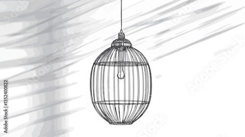 A monochrome close-up shot of an oval-shaped wire cage pendant light fixture hanging against a white background.  The background shows soft, diffused light creating subtle shadows. The light
