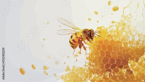 Close-up macro photograph of a honeybee in flight near a section of honeycomb. The bee is sharply in focus, exhibiting fine detail of its body and wings.  The honeycomb is also sharply focused in