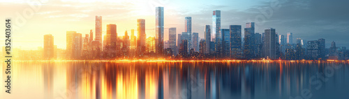 stunning urban skyline with modern skyscrapers reflecting on calm water during vibrant sunset