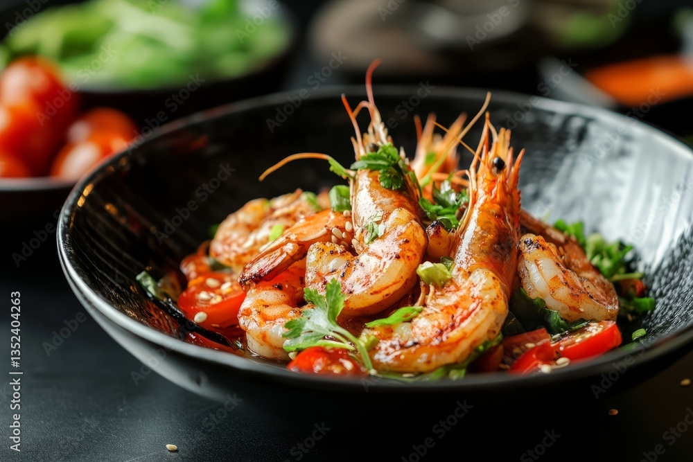 Delicious serving of steaming hot shrimp with rice and mangetout, garnished with sesame seeds and coriander, served in a black bowl Delicious serving of steaming hot shrimp with rice and mangetout, garnished with sesame seeds and coriander, served in a black bowl