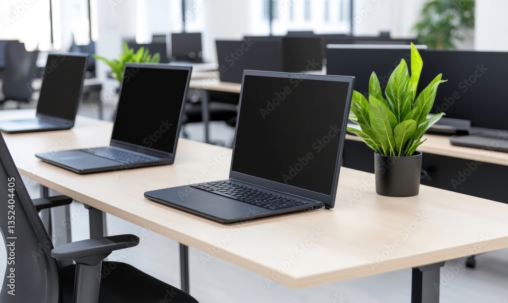 custom made wallpaper toronto digitalModern Office Workspace with Laptops and Green Plants, Professional Environment for Productivity and Collaboration, Contemporary Design and Minimalist Aesthetic